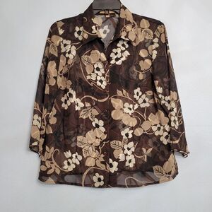 Vintage 90's Notations Brown Beige Floral Sheer Flowy Button Front Blouse PL